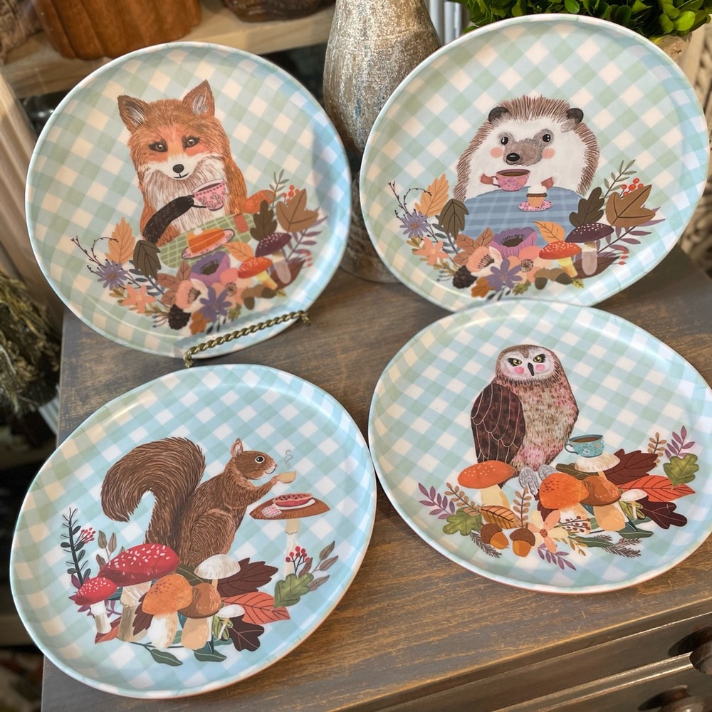 Mia Charro Woodland Animals melamine lunch plates fox squirrel owl porcupine